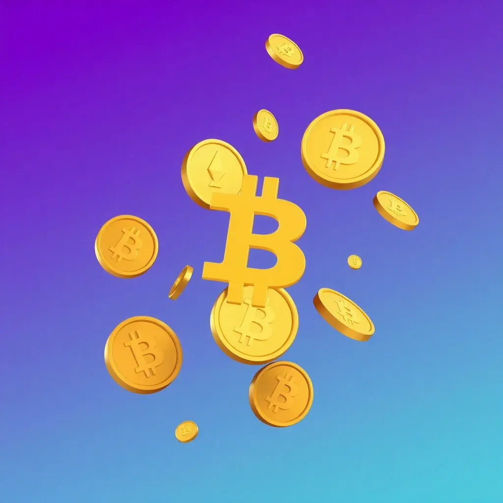 Abstract cryptocurrency concept with floating digital coins against a gradient purple-blue background